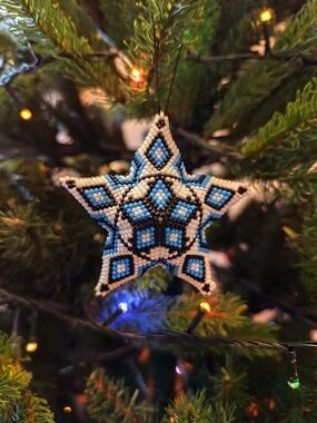 Blue and White Beaded Star Ornament - Unbranded